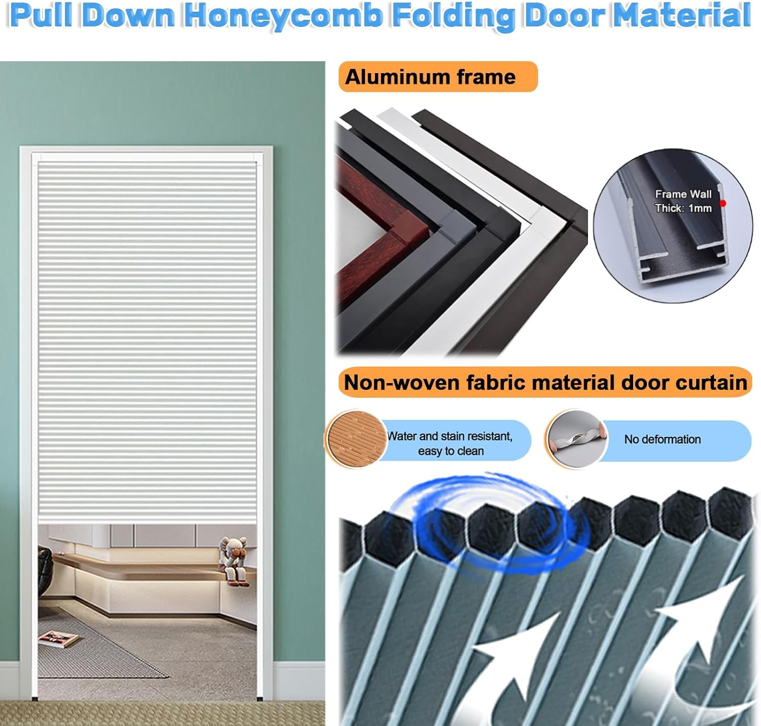 Trackless Invisible Honeycomb Folding Door, White, 24"-80" Wide, Pull Down, Space-Saving Design, Ideal for Home and Office, 20x80in (50.8x203.2cm)