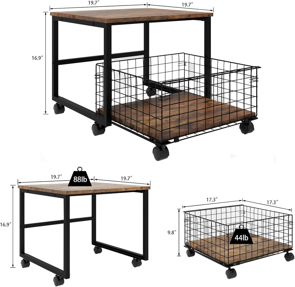 PUNCIA 19.7"x19.7" Mobile Fridge Stand with Foldable Basket, Retro | Rolling Mini Fridge Stand with Lockable Wheels Heavy Duty Refrigerator Cart Appliance Table for Dorm Bedroom Apartment