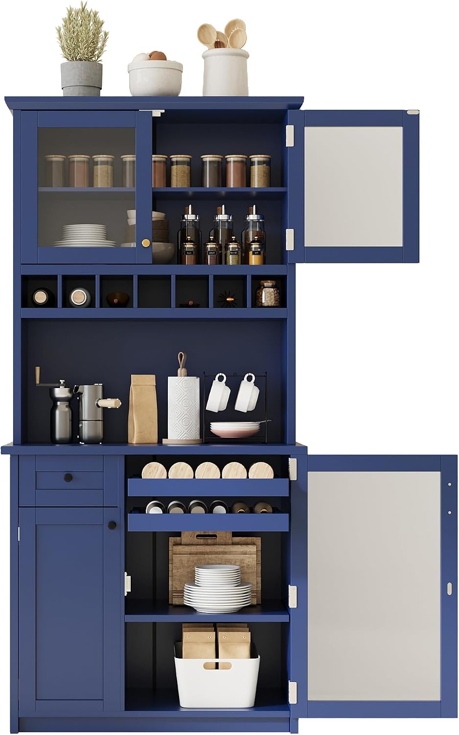 35.4''W Farmhouse Kitchen Pantry with Hutch, Freestanding Sideboard Buffet Cabinet with Wine Rack and Adjustable Shelves, Tall Pantry Storage Cabinet for Dining Room Kitchen, Blue