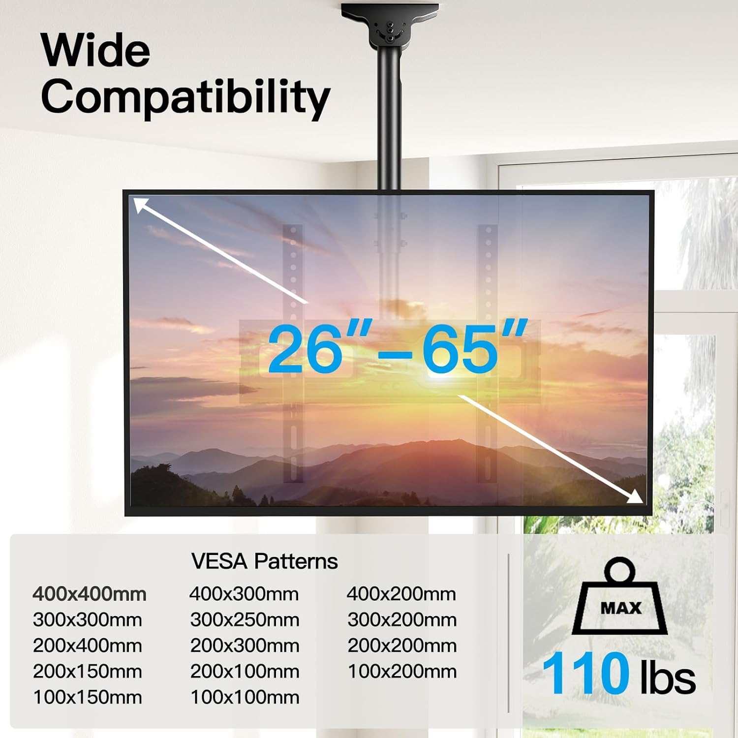 PERLESMITH Ceiling TV Mount for 26-65 inch Flat Screen Displays, Max VESA 400x400mm, Hanging Adjustable Ceiling TV Bracket Fits Most LCD LED OLED 4K TVs, Pole Ceiling Mount Holds up to 110lbs, PSCM2