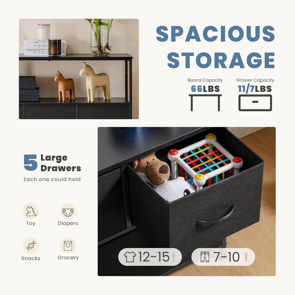 DUMOS TV Stand, Dresser with 5 Fabric Storage Drawers, Media Console Featuring Open Shelf for TV, Compact Entertainment Unit for Bedroom, Living Space, or Dorm Organization, Black
