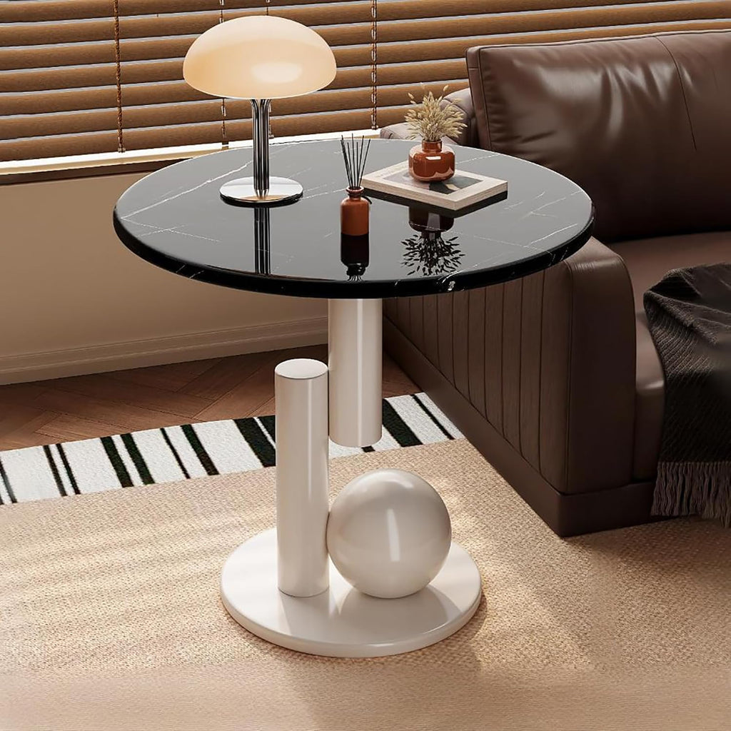 Creative Metal End Table, Living Room Coffee Table with Marble Tabletop, Modern Geometric Decorative Table for Sofa Bedroom Apartment Reception Area Hotel(Width 23.6in/60cm, Black-White Base)