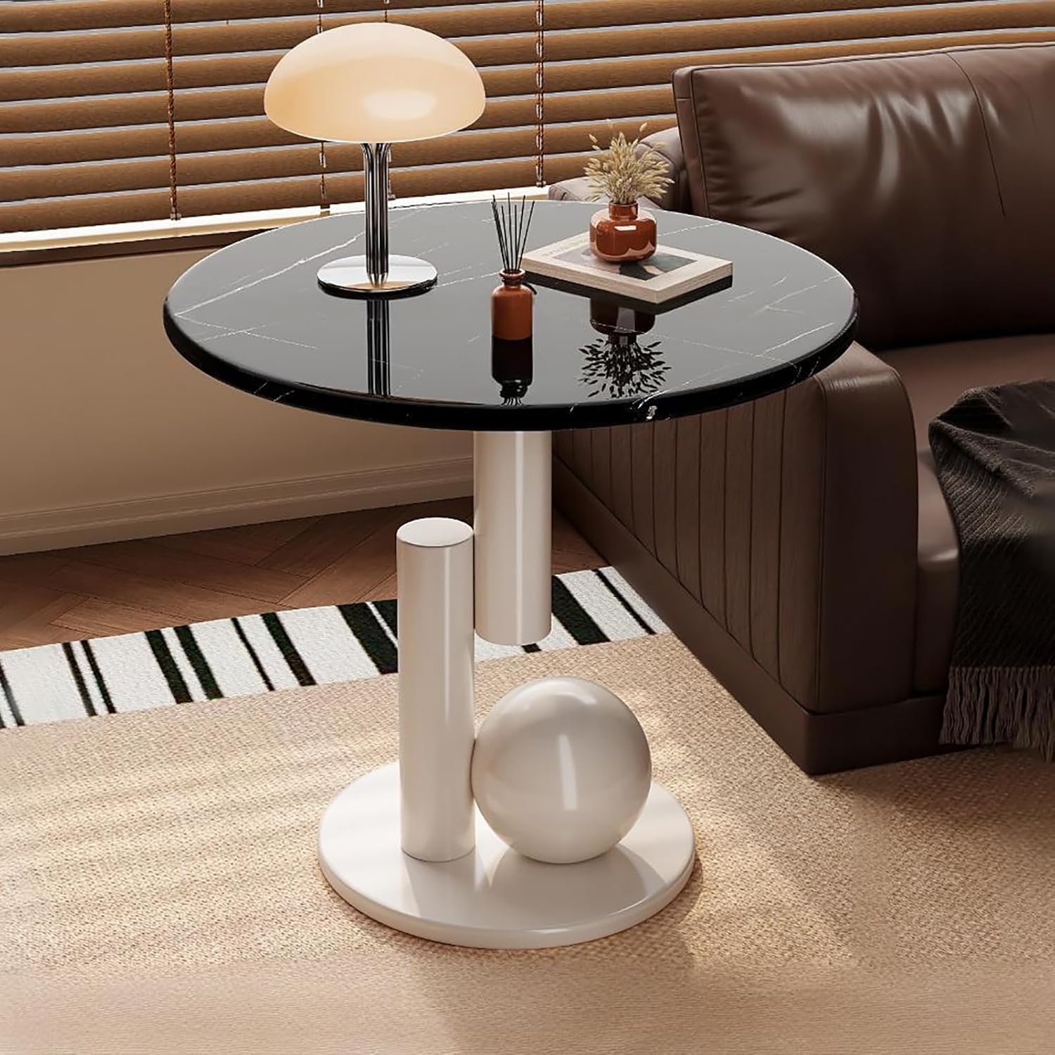 Creative Metal End Table, Living Room Coffee Table with Marble Tabletop, Modern Geometric Decorative Table for Sofa Bedroom Apartment Reception Area Hotel(Width 23.6in/60cm, Black-White Base)