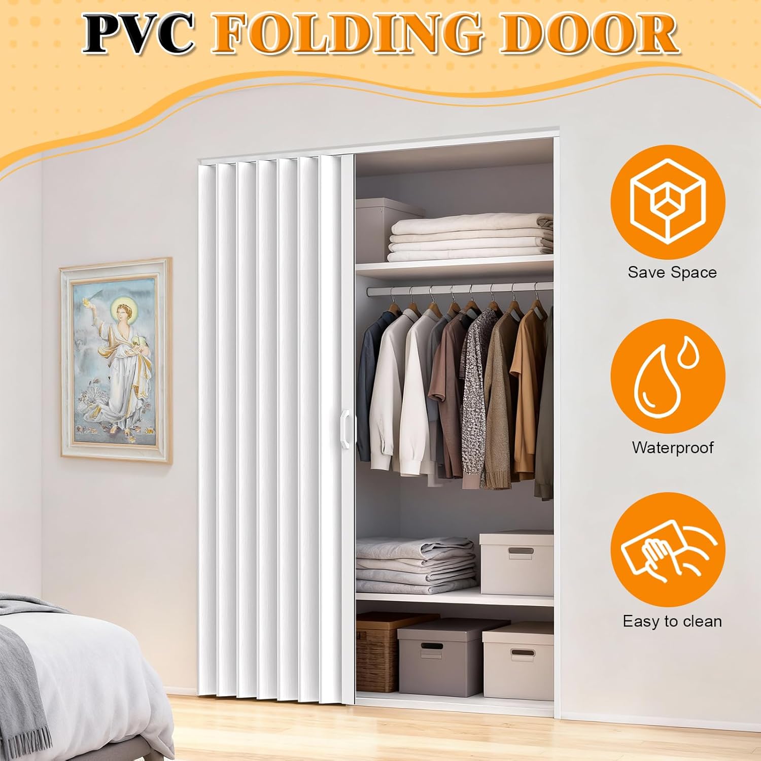 Accordion Door PVC Folding Door Space Saving for Closet Room Divider, 48"x80" 63"x80" Interior Folding Door with Hardware, No Floor Track, Waterproof UV Resistant (62.99" * 79.53", Single Door)