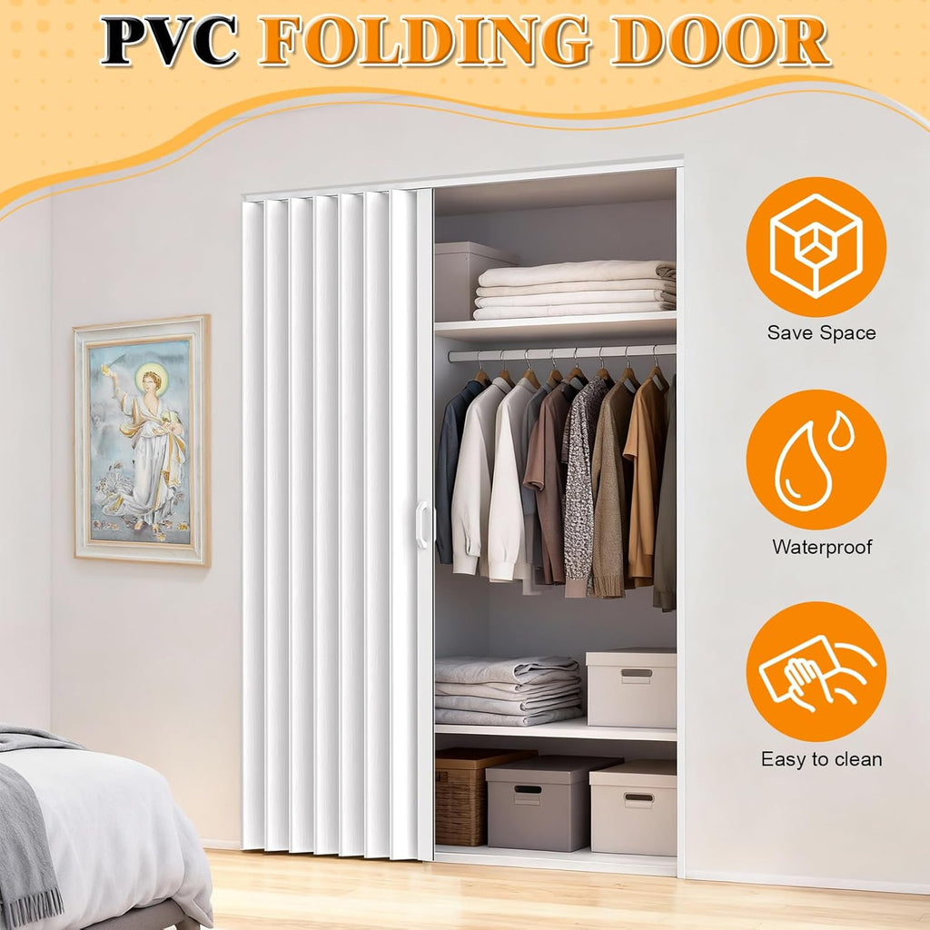 63×80“Concealed Sliding Barn-Style Accordion Door, White Hidden PVC Retractable Interior Partition Door, Enhanced Accordion Doors with Hardware for the Living Room, Study, and Bathroom