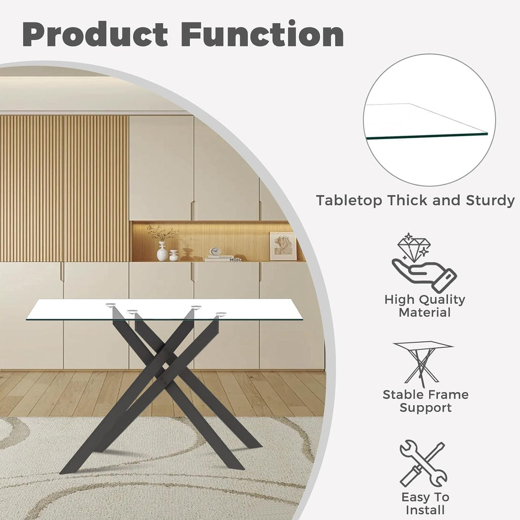 51'' Glass Dining Table Set for 4, Modern Rectangular Dining Room Table with Black Metal Legs & 4 Upholstered Velvet Dining Chairs, Space-Saving Kitchen Table Set for Small Spaces(Dark Grey)