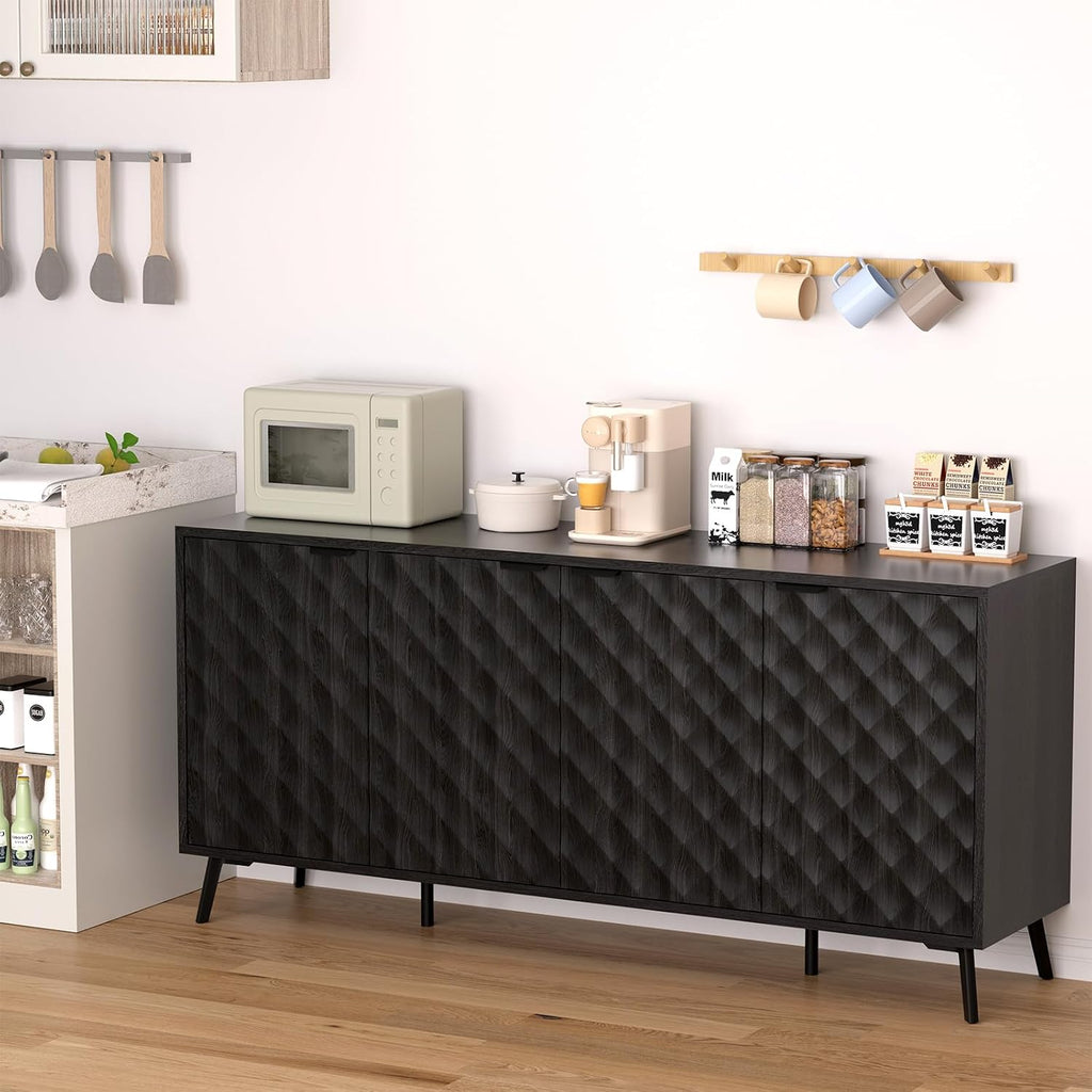 63" Fluted Sideboard Buffet Cabinet with Storage, Diamond Shaped Relief Storage Cabinet with 4 Doors and Adjustable Shelves for Living Room, Entryway, Hallway (Black)