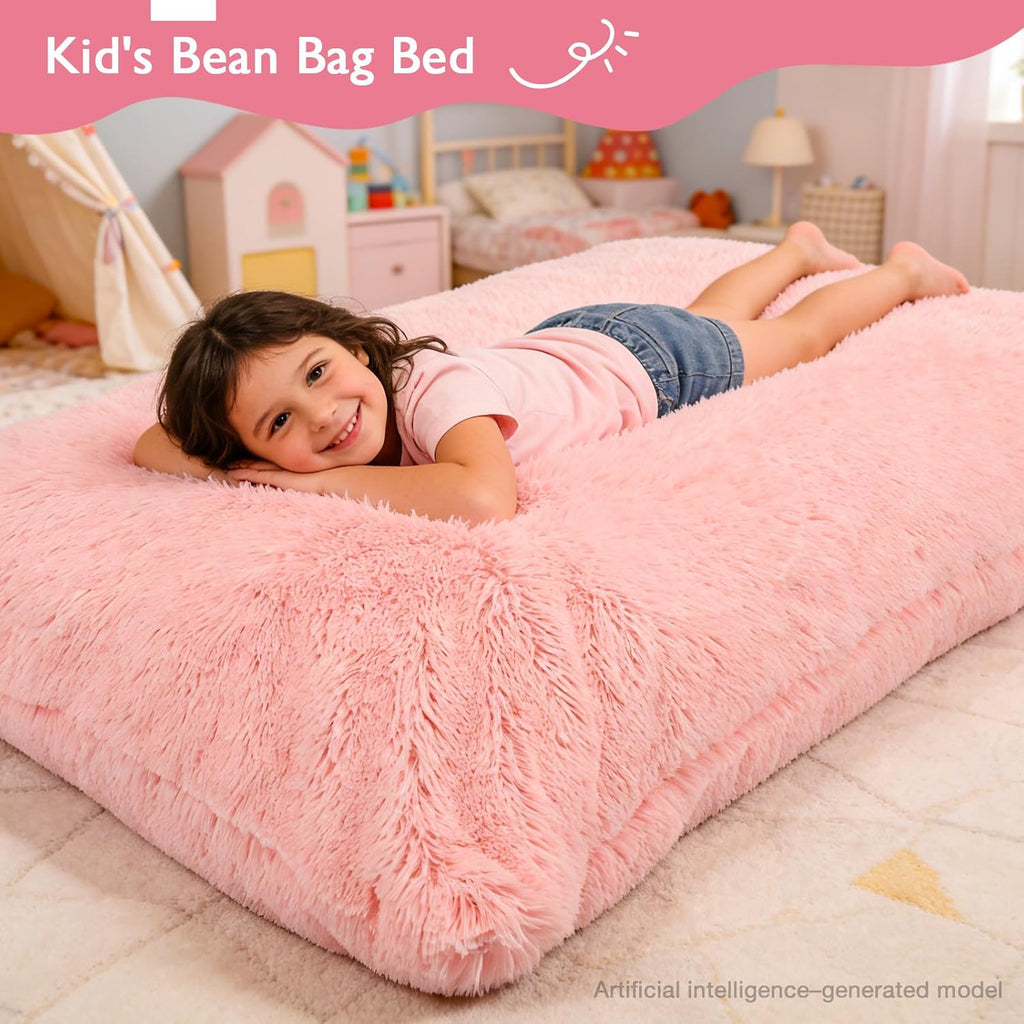 3 in 1 Kids Bean Bag Chair Bed, Kids Fluffy Stuffed Floor Pillow for Gaming and Reading, Ultra Soft Faux Fur Fabric Bean Bag Chairs to Lounger for Playroom, Living Room, Bedroom, Pink