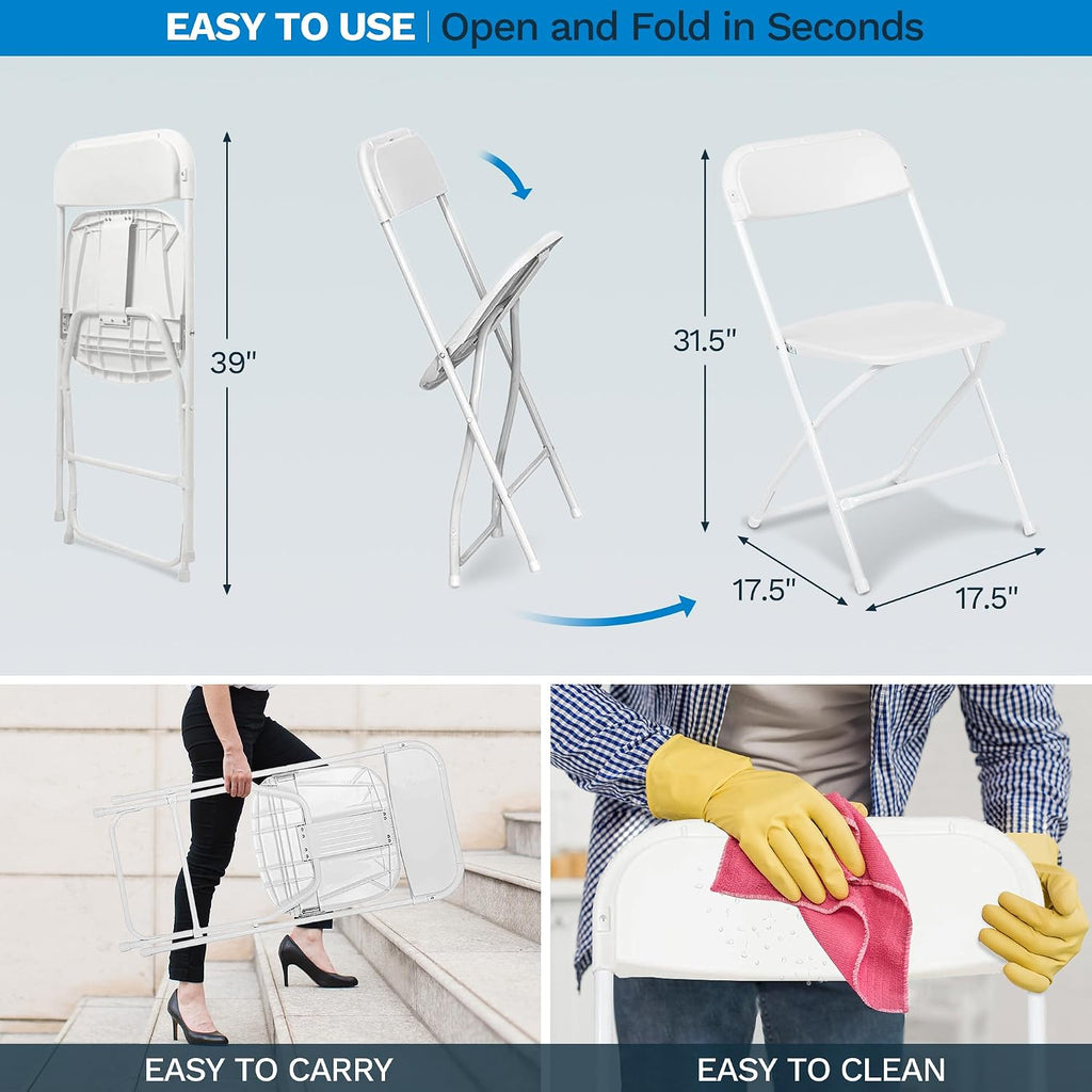 Folding Chairs 6 Pack,Durable Black Folding Chairs, Heavy-Duty Plastic Folding Chairs for Indoor/Outdoor Use - Ideal for Events Parties Extra Seating Solutions 350lbs Capacity (White, 6 Pack)