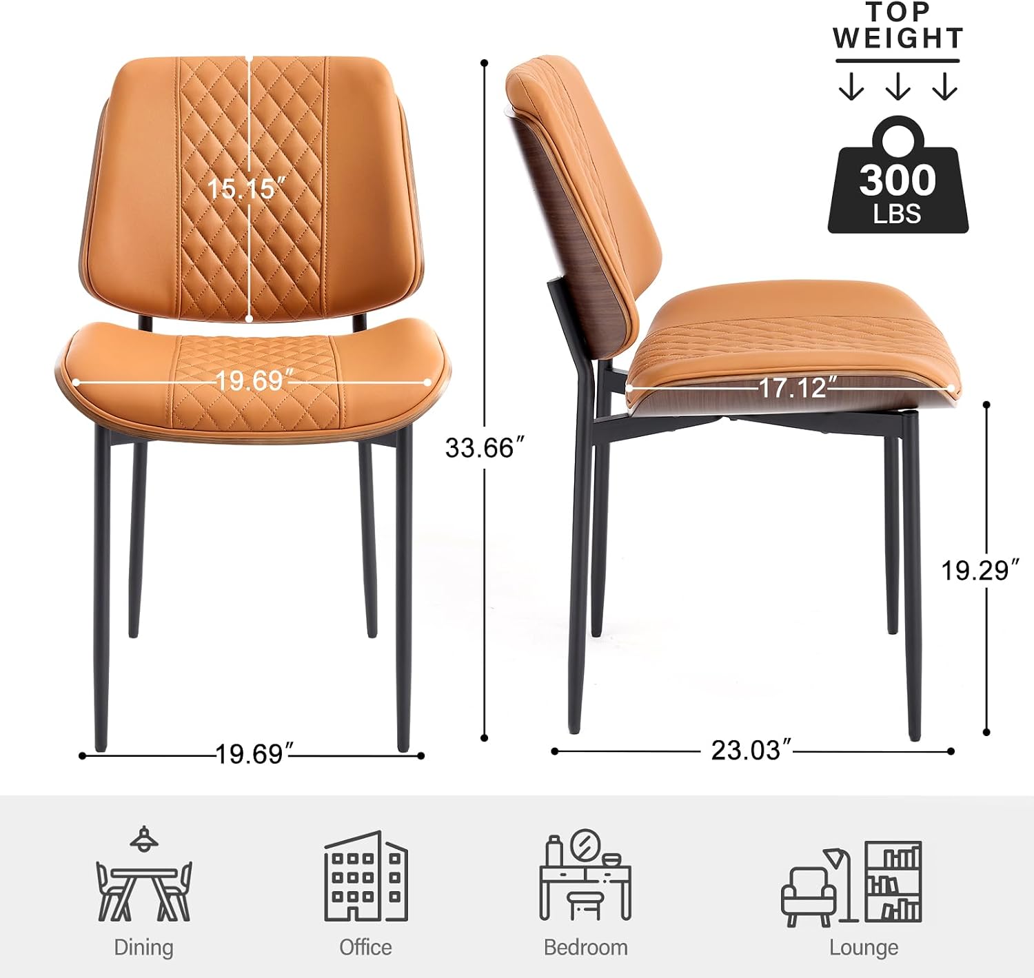 Set of 4 Dining Chairs, PU Leather Armless Kitchen Chairs with Curved Walnut Style, Mid Century Modern Bentwood Side Chairs, Metal Legs Retro Accent Seating for Dining Room Kitchen(Brown)