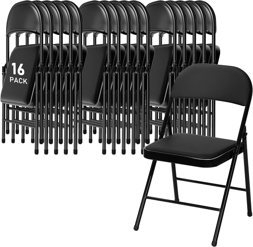 SEALAMB 16 Pack Folding Chairs with Cushion Seat, Heavy Duty Metal Frame Portable Stackable Chairs for Wedding Party Office School Church Events, Indoor Outdoor Use, 350 lb Capacity, Black