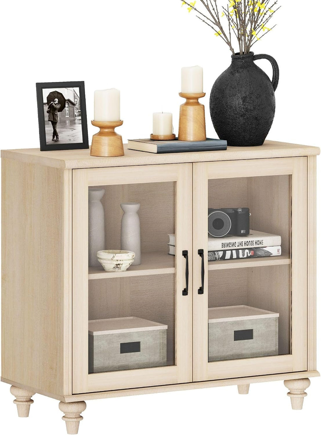 WAMPAT Farmhouse End Table with Ample Storage, Large Mid Century Modern Wood Bedside Table Night Stand, Wide Sofa Side End Table with Glass Doors, Cabinet for Living Room, Bedroom, Beige