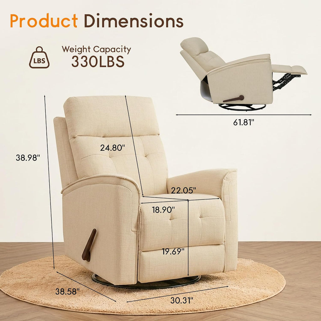 360° Swivel Glider Rocker Recliner Chair, Manual Reclining Sofa for Adults, Nursery Rocking Chiar for Nursery Room, Living Room and Bedroom, Small Recliners for Small Spaces,Beige