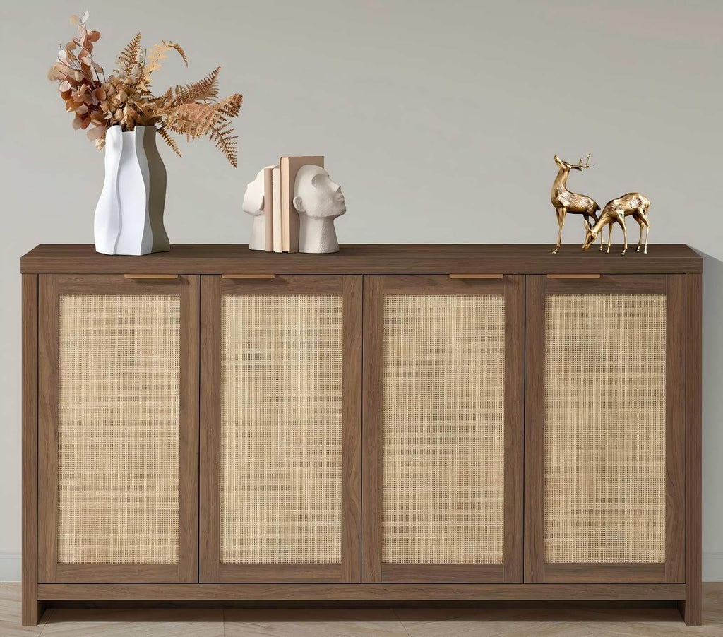 OAKHAM HOME 4 Door Rattan Sideboard Buffet Cabinet with Adjustable Shelves 61" Boho Farmhouse Storage Credenza for Living Room Kitchen & Entryway, Brown Wood Finish