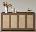 OAKHAM HOME 4 Door Rattan Sideboard Buffet Cabinet with Adjustable Shelves 61" Boho Farmhouse Storage Credenza for Living Room Kitchen & Entryway, Brown Wood Finish