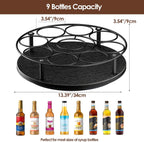 Nuovoware 9 Bottles Rotating Coffee Syrup Rack, Syrup Rack Organizer Carbon Steel Frame with Wooden Base Bottle Holder for Coffee Flavored Syrups Table Top Thermos Liquor, Black+Black