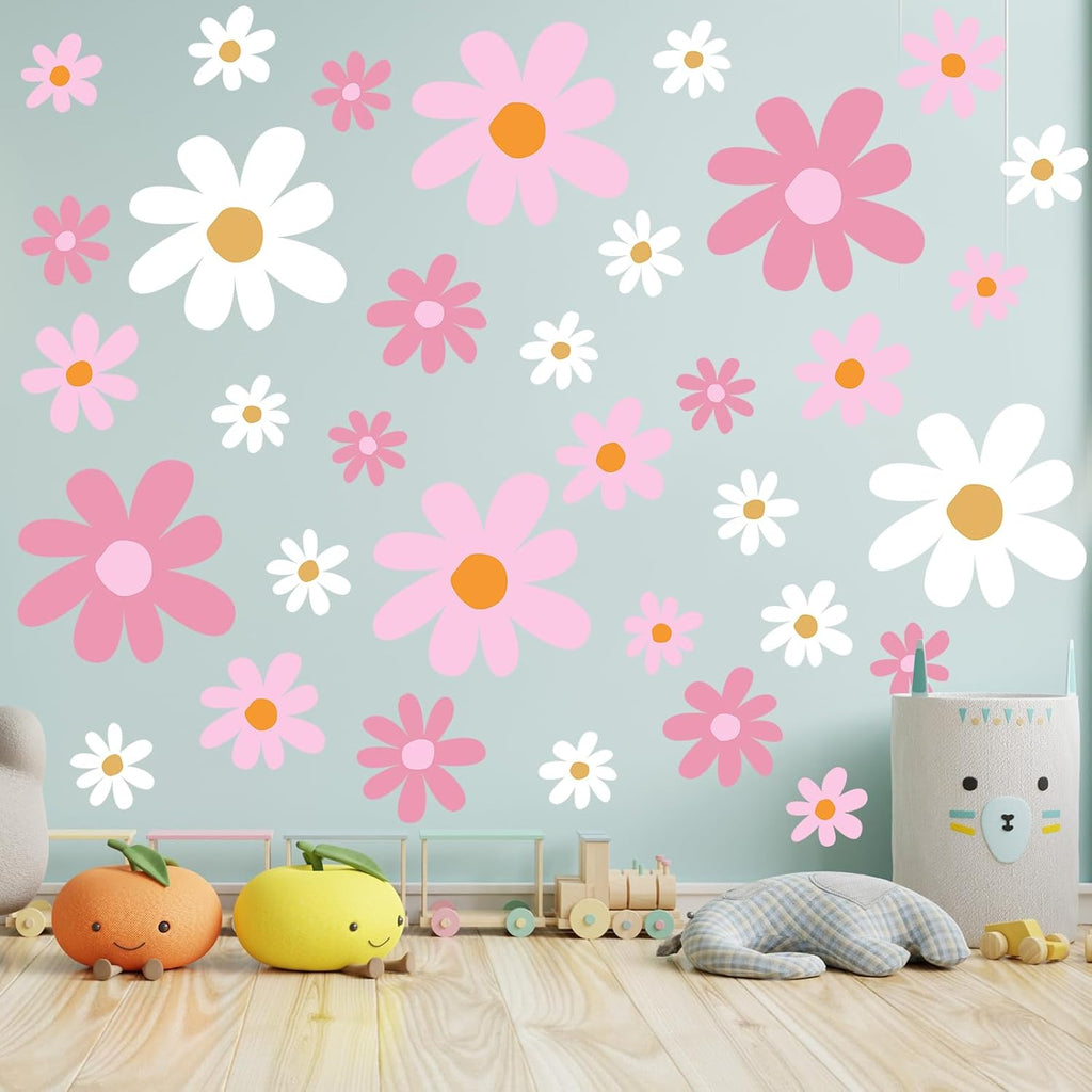 TaoBary 12 Sheet Daisy Wall Sticker Decal Removable Cute Daisy Bedroom Room Decor Flower Wall Sticker Pink White Flower Decal Wallpaper Peel and Stick for Nursery Home(Pink Color,Vibrant Style)