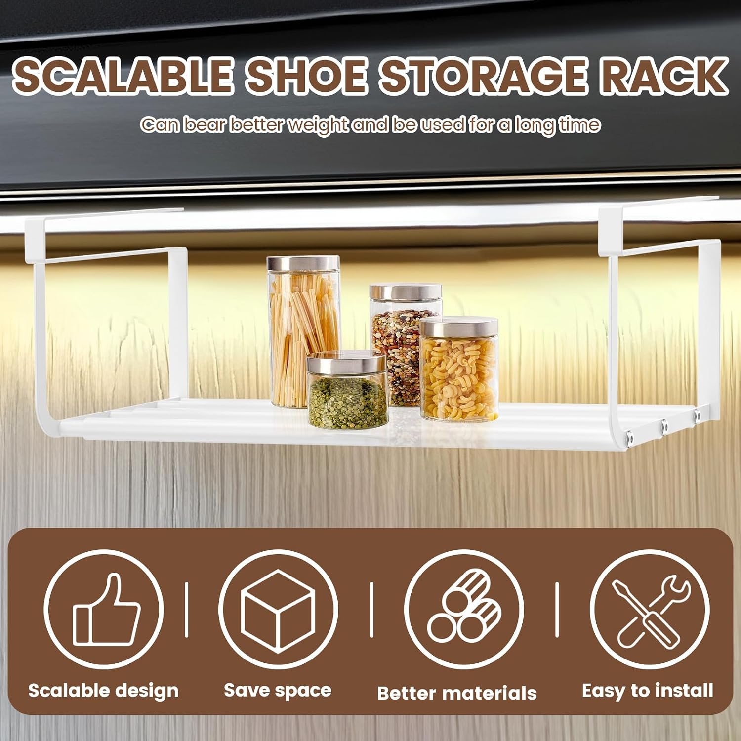 Shoe Storage Rack, Expandable Shoe Rack, Under Shelf Shoe Rack, Carbon Steel Under Shelf Shoe Rack Hanging Shoe Tray for Cabinet Shoe Cupboard (White)