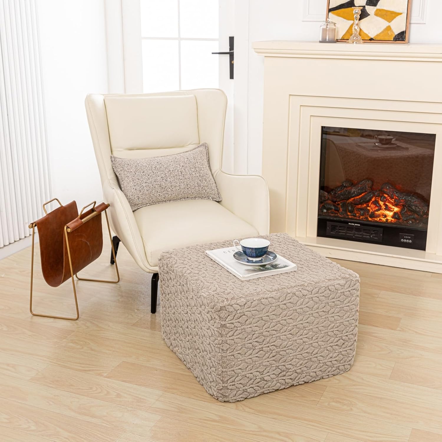 Square Stuffed Pouf Ottoman Poufs with One-Piece Seamless Foam Filling, Furry and Fluffy Pouf Foot Stool, 20 X 14 Floor Poufs Ottoman Foot Rest for Living Room (Light Coffee)
