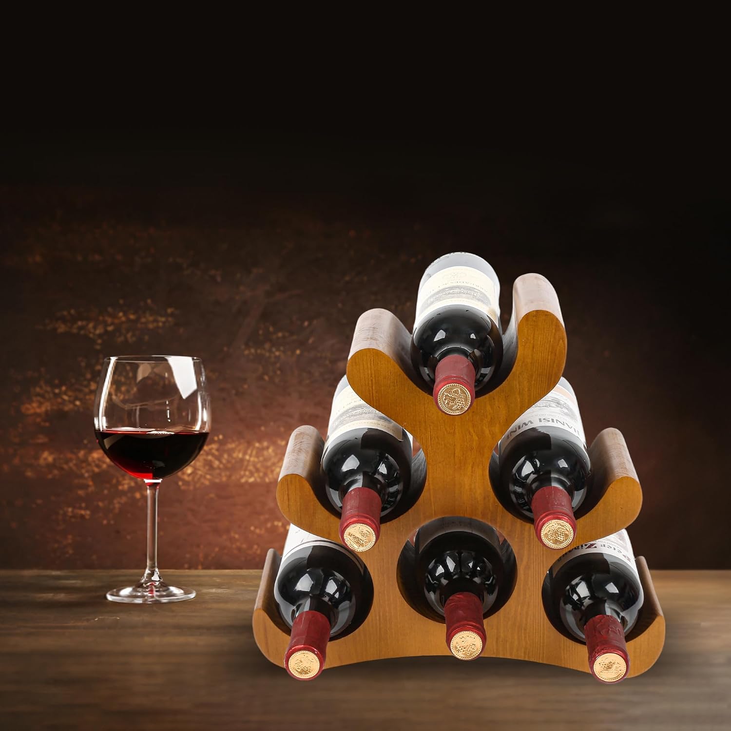 Countertop Wine Rack - 6 Bottle Wooden Wine Rack - Freestanding Wine Bottle Holder Stand - Wine Storage Rack for Cabinet Pantry Bar Kitchen