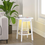sthmec Round End Table with Charging Station, White LED Small Side Table for Small Space, USB Power Oulets & LED Strip, 2-Tier Round Accent Table Couch Sofa Nighstands for Living Room, Bedroom, White