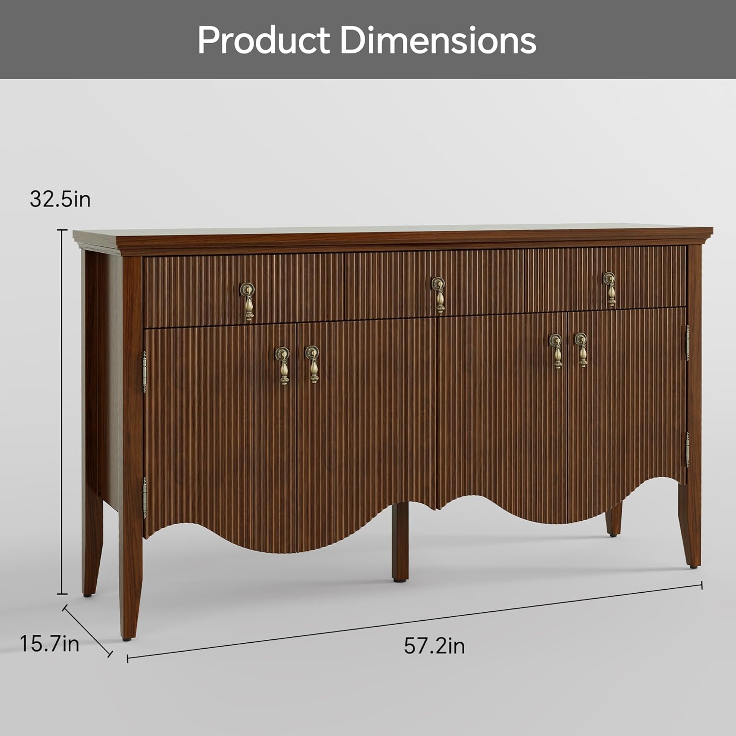 FUSUNBAO 57" Fluted Sideboard Buffet,Retro Storage Cabinet, Walnut | 3 Drawers and 4 Doors, Vintage Fluted with Scalloped Base, Organic Modern Accent Cabinet, For Dining Room