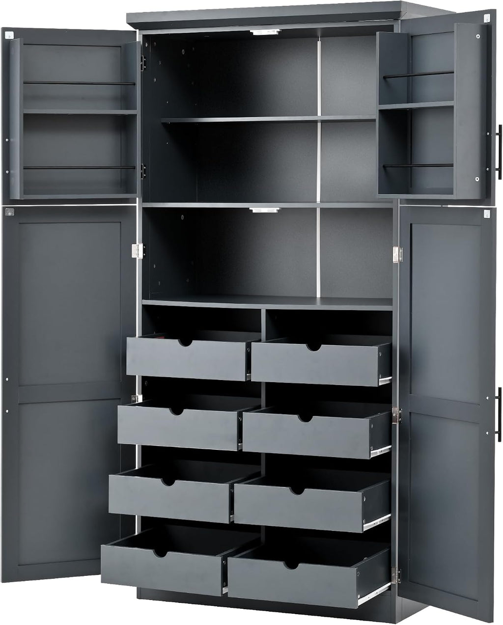 71" Tall Kitchen Pantry Cabinet with 4 Doors, 8 Pull-out Trays (Gray) | Adjustable Shelves, Freestanding Storage Cabinet for Kitchen Dining Room Living Room, Anti-Tip Design