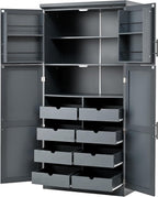 SOFTSEA Freestanding Kitchen Pantry Cabinet, Tall Storage Cabinet with Adjustable Shelves and 2 Door Shelves, Kitchen Storage Cupboard with 8 Pull-Out Trays for Dining Room, 35.5x17.6x70.9 Inch, Gray