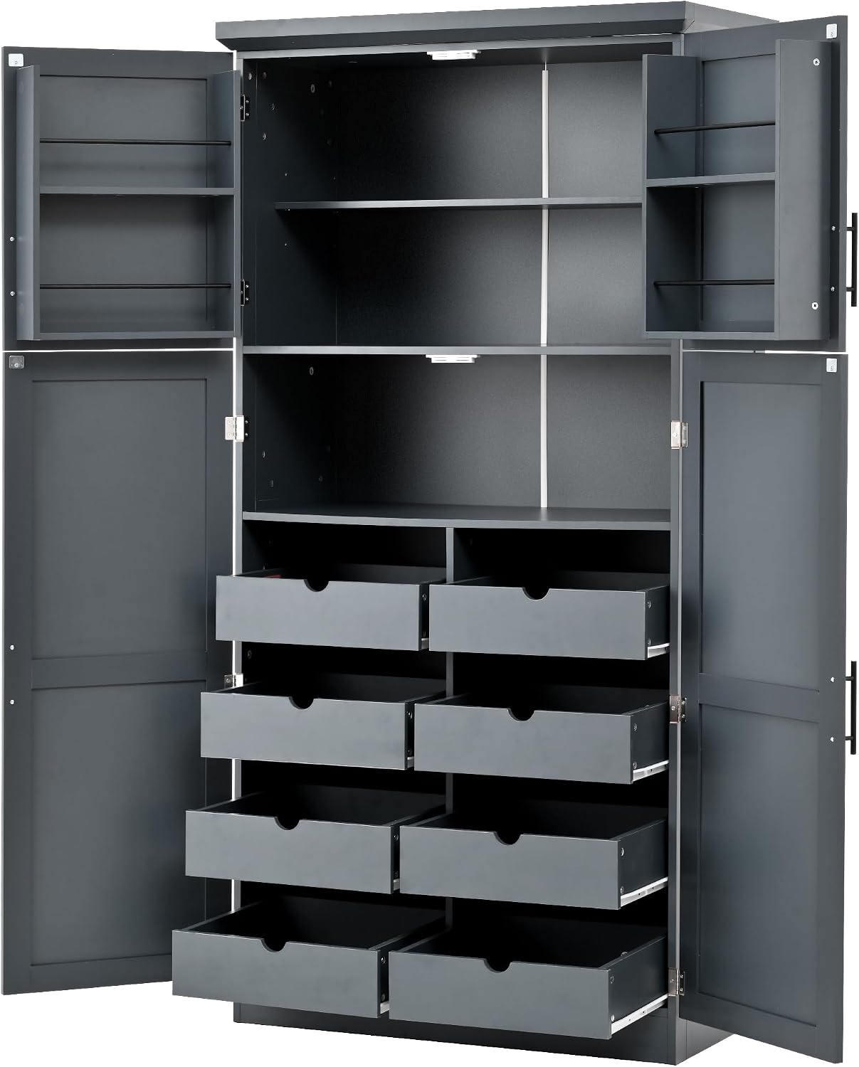 SOFTSEA Freestanding Kitchen Pantry Cabinet, Tall Storage Cabinet with Adjustable Shelves and 2 Door Shelves, Kitchen Storage Cupboard with 8 Pull-Out Trays for Dining Room, 35.5x17.6x70.9 Inch, Gray