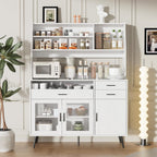 VOWNER Kitchen Hutch Storage Cabinet, Freestanding Kitchen Pantry with 2 Glass Doors and 3 Drawers, Modern Sideboard Buffet Cabinet, Barn Door Coffee Bar Station for Dining Room, Living Room (White)