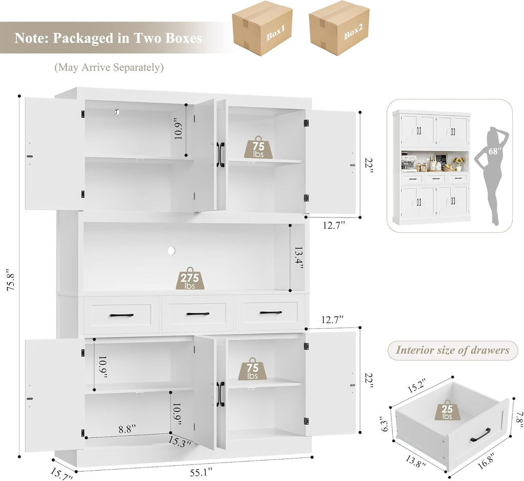 HITHOS 76" Tall Kitchen Pantry Storage Cabinet, 55“ Wide Kitchen Hutch Cabinet with Storage Drawers, Large Food Pantry with Microwave Stand, Modern Cupboard with Hutch for Dining Living Room, White