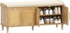 Akxomel Rattan Shoe Storage Bench with Cushion, 2-Tier Entryway Bench with Adjustable Shelves and 4 Doors, 15" D x 47.2" W x 20" H, Solid Wood Legs, for Hallway, Living Room, Bedroom, Natural Oak