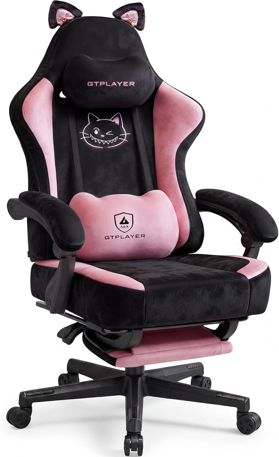 GTPLAYER Pink Gaming Chair Cute with Cat Ears Ergonomic Computer Chair with Cat Embroidery Adjustable Memory Foam Lumbar Support and Headrest Comfortable Reclining Office Chair Soft Velvet Fabric