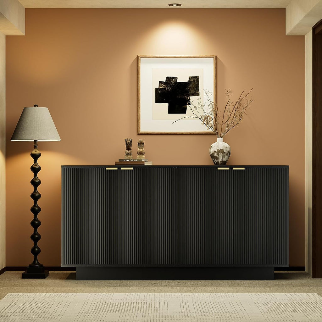 63'' Large Fluted Sideboard Buffet Cabinet, Modern Storage Cabinet with Adjustable Shelf, Console Table Wine Bar Accent Credenza with 4 Doors for Dining Room, Living Room, Hallway(Black)