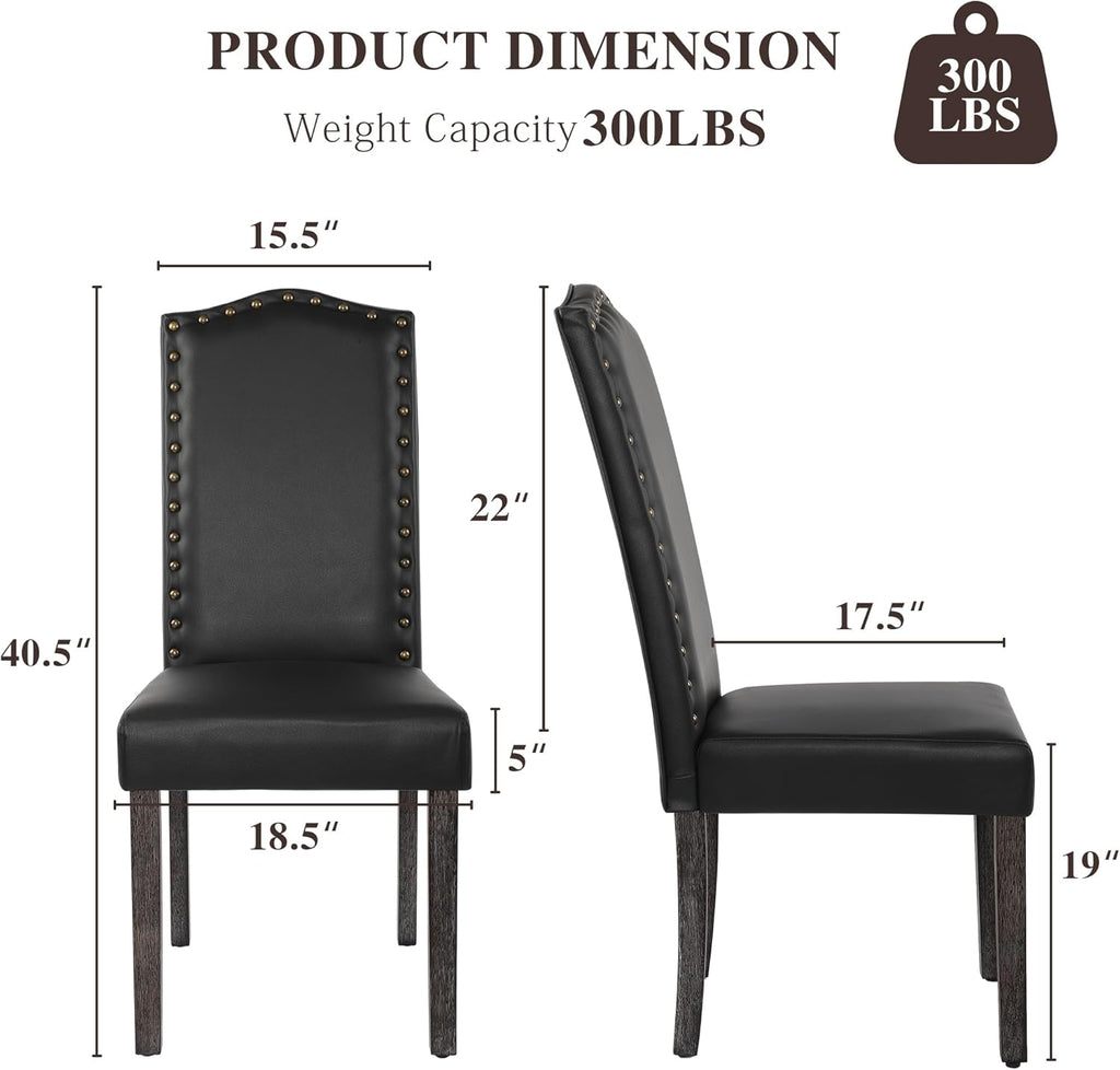 LSSBOUGHT PU Dining Chair Set of 2 Upholstered Parsons Kitchen Chair with Copper Nails and Solid Wood Legs for Dining Room,Restaurant(Black)