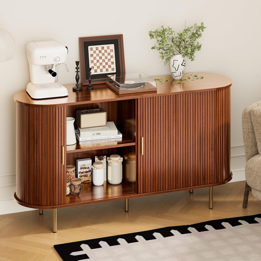Sideboard Buffet Cabinet with Storage, 55 Inch Mid Century Modern Fluted Credenza with Sliding Door & Adjustable Shelf, Coffee Bar Cabinet for Kitchen, Living Room, Entryway