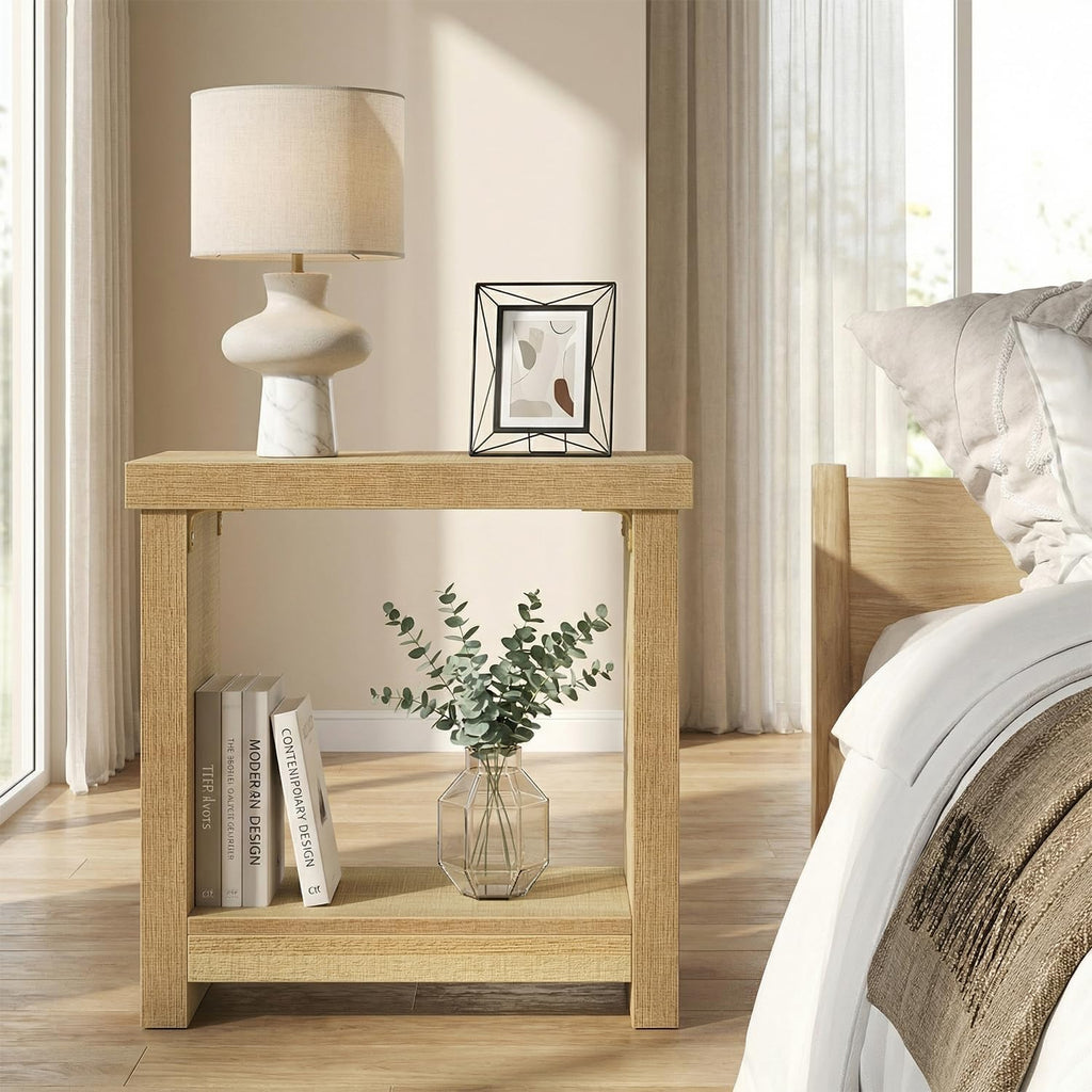 knoworld Nightstands Set of 2, End Tables Set for Bedroom, Narrow Side Tables with Shelves, Square End Table for Living Room, Slim Rectangle Accent Table, Farmhouse Bedside Table, Natural