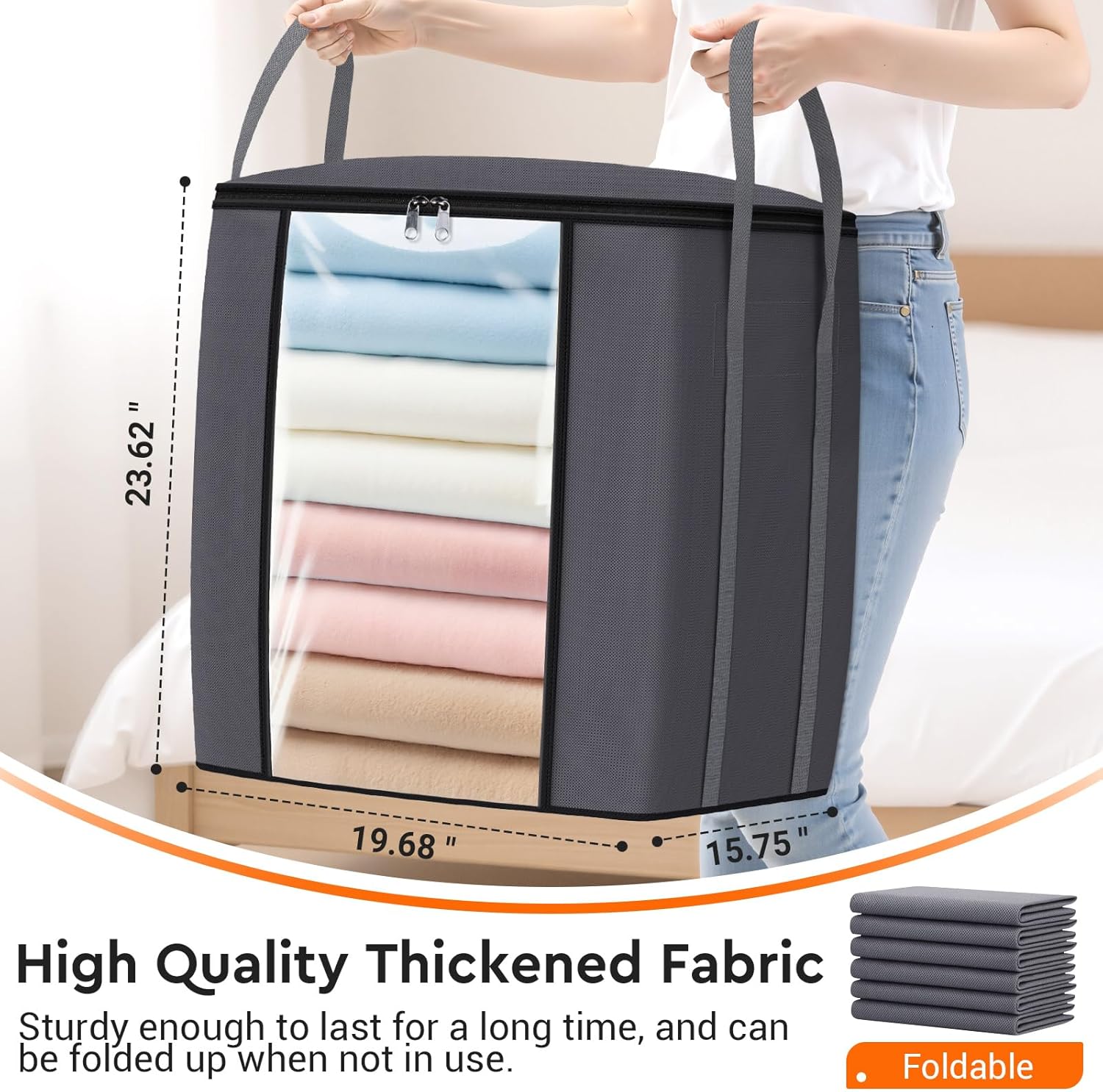 TasticTotes 120L Extra Large Clothes Storage Bags, Foldable Blanket Storage and Organization, Thick Fabric Containers with Reinforced Handles & Zippers for Clothing, Comforters, Bedding, Gray, 1 Pack