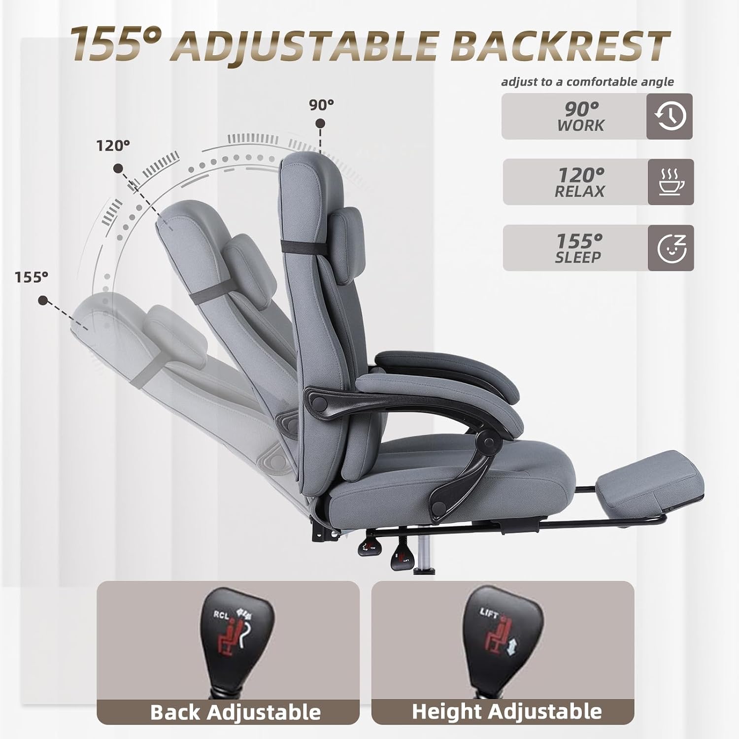 Linen Fabric Gaming Chair with Footrest, Ergonomic Computer Chair with Headrest and Lumbar Support, Height Adjustable 360° Swivel Reclining Chair with Backrest 90° -120° -155° (Grey)