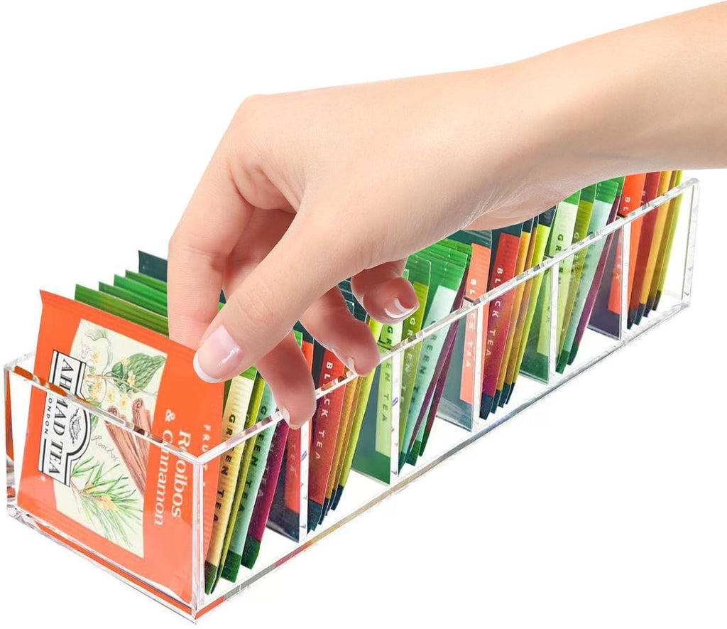 Tea Bag Organizer, Clear Tea Bag Holder with 6 Slot, Tea Packet Storage for Countertop, Drawer, Kitchen, Pantry, Cabinet