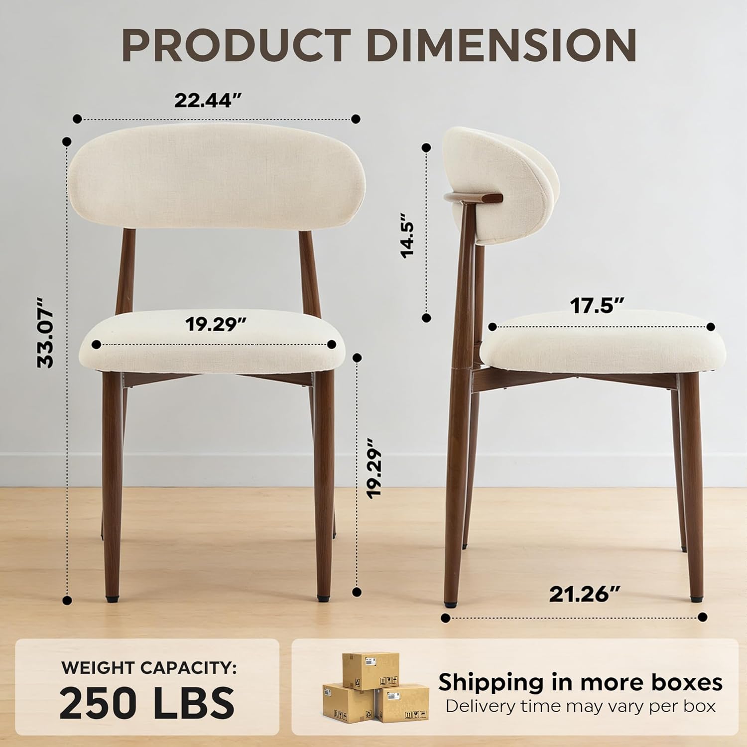 Beige Dining Chairs Set of 2, Modern Upholstered Dining Room Chair with Linen Fabric, Farmhouse Kitchen Side Chairs for Home, Apartment, Restaurant, Walnut Metal Legs(Chair Only)