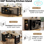 HSH 72" Rolling Kitchen Island with Seating, 360° Swivel Table, Kitchen Island with Storage Cabinet, Drawer & Shelves, Farmhouse Mobile Island Cart on Wheels for Dining Room & Home Bar, Black Oak