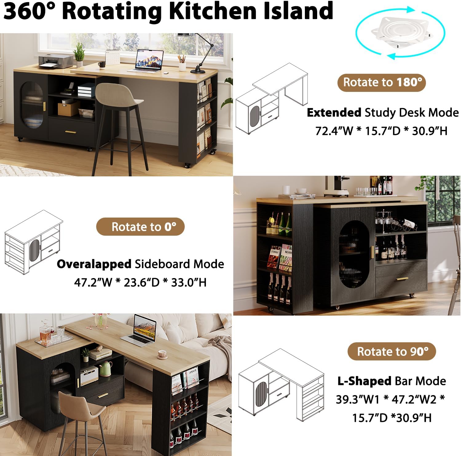 HSH 72" Rolling Kitchen Island with Seating, 360° Swivel Table, Kitchen Island with Storage Cabinet, Drawer & Shelves, Farmhouse Mobile Island Cart on Wheels for Dining Room & Home Bar, Black Oak