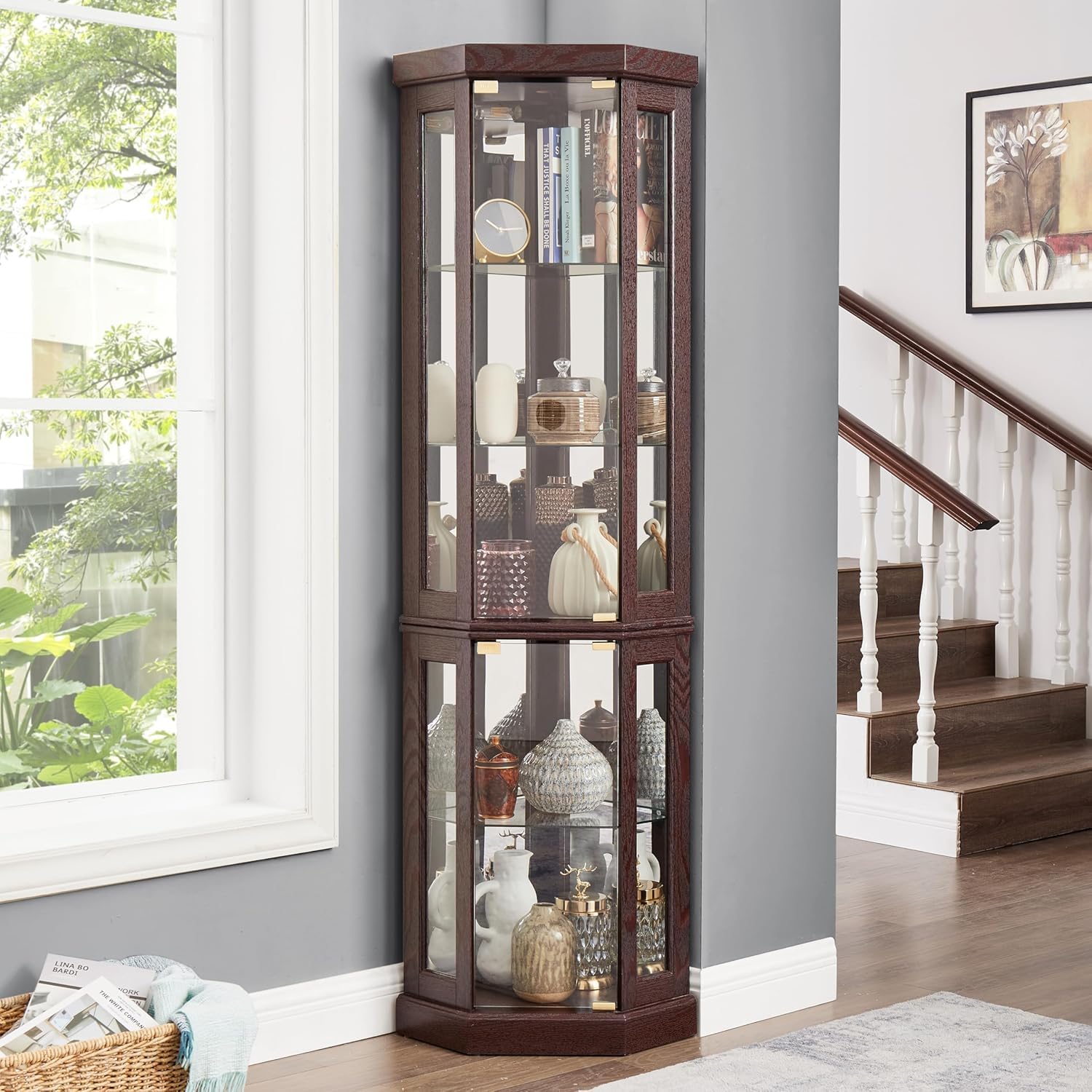 69" H Lighted Corner Curio Cabinet, 5-Tier Curio Glass Display Cabinet with Door & Adjustable Glass Shelves, Wooden Display Showcase Corner Storage Cabinet for Living Room (Dark Cherry)