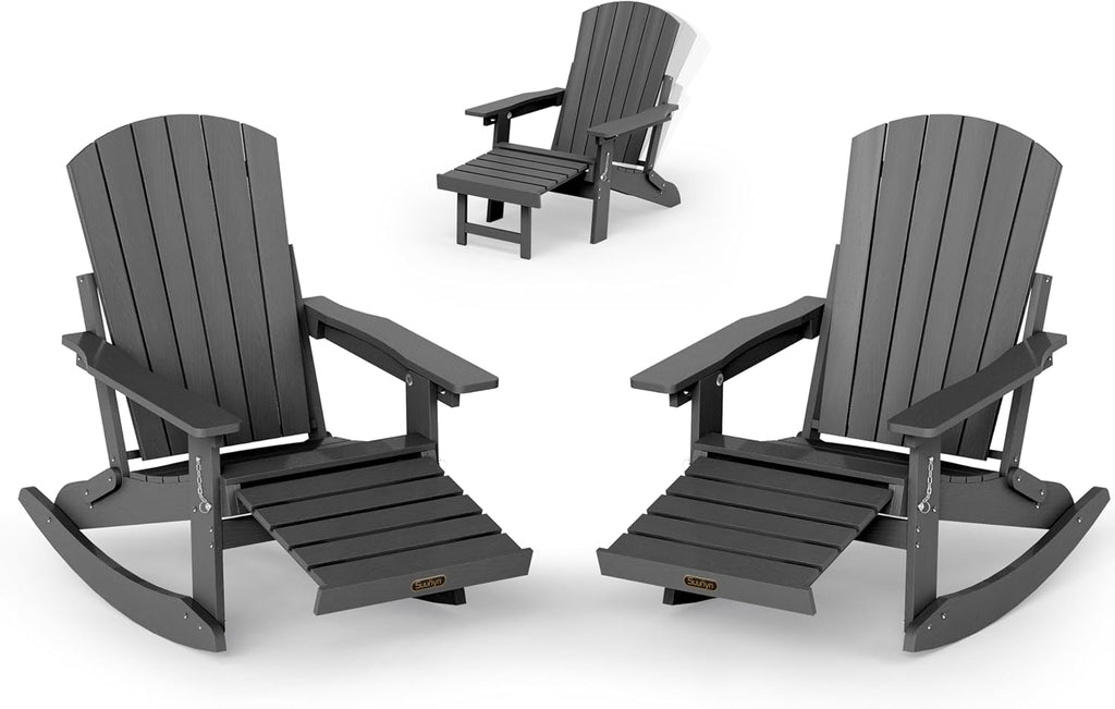 Adjustable Adirondack Rocking Chair Set of 2 with Retractable Ottoman Footrest, 4-in-1 Foldable HDPE Outdoor Rocker, Weather Resistant Adirondack Chair for Porch, Garden & Poolside, Grey
