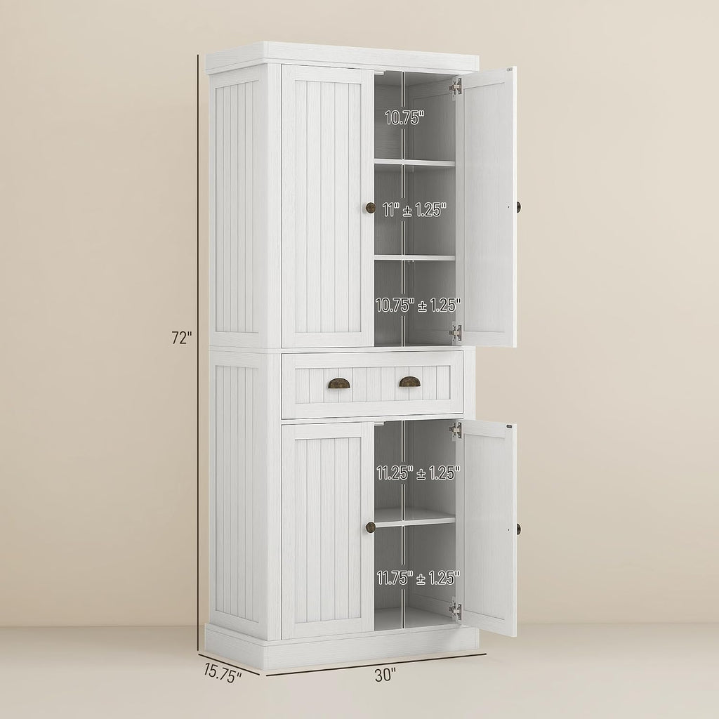 72" Farmhouse Kitchen Pantry Cabinet, Freestanding Tall Storage Cabinet with 4 Soft-Close Doors, 2 Adjustable Shelves and Drawer for Dining Room, Distressed White,15.8 * 30 * 72