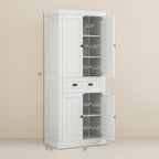 72" Farmhouse Kitchen Pantry Cabinet, Freestanding Tall Storage Cabinet with 4 Soft-Close Doors, 2 Adjustable Shelves and Drawer for Dining Room, Distressed White,15.8 * 30 * 72