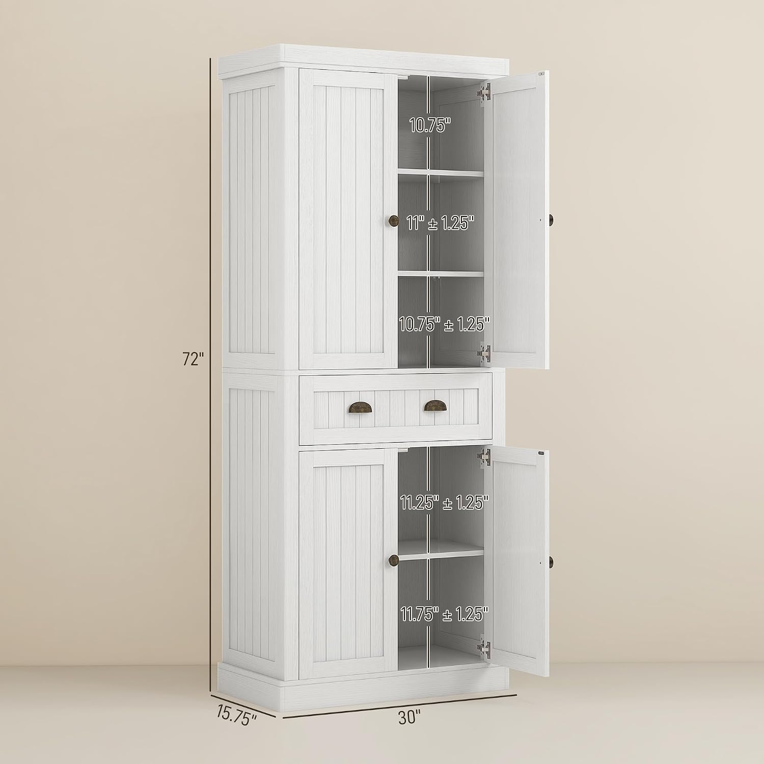 72" Farmhouse Kitchen Pantry Cabinet, Freestanding Tall Storage Cabinet with 4 Soft-Close Doors, 2 Adjustable Shelves and Drawer for Dining Room, Distressed White,15.8 * 30 * 72