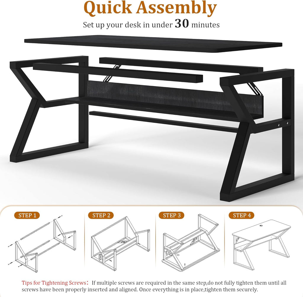55 inch Computer Desk with Storage Shelf, K-Shaped Office Desk with Sturdy Metal Frame, Writing Gaming Work Desk with Waterproof Surface for Home Office & Bedroom, Black