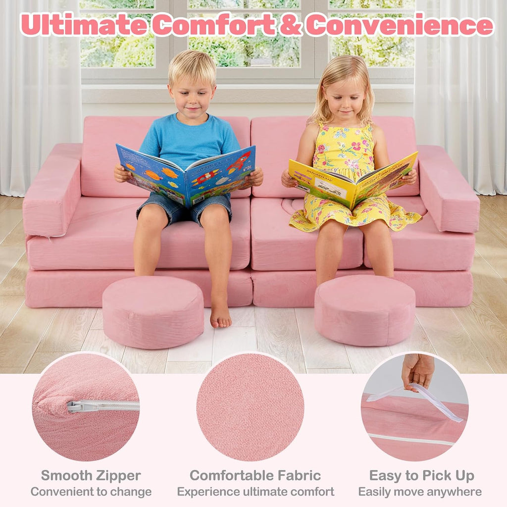 INFANS Modular Kids Play Couch, 13 PCS Toddler Creative Sectional Fort Building Sofa for Bedroom, Playroom, Children Convertible Versatile Soft Foam Furniture Playset Crawling Floor Cushion